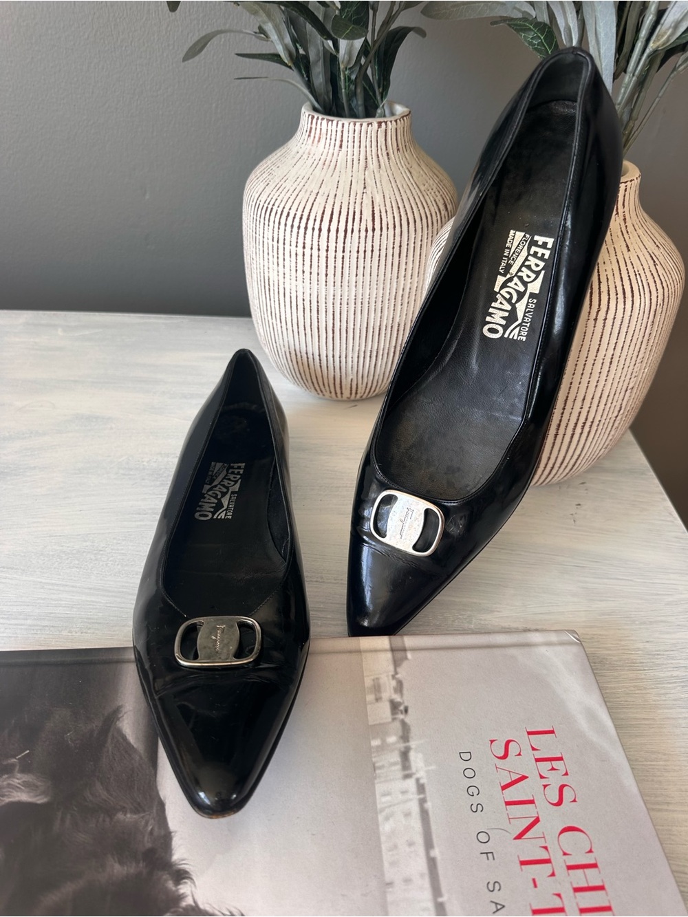 Salvatore Ferragamo Black Patent Leather Vara Bow Flats